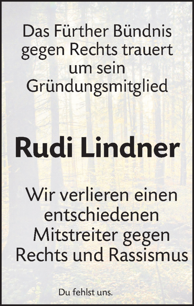  Traueranzeige für Rudi Lindner vom 30.07.2022 aus Fürther Nachrichten Lokal