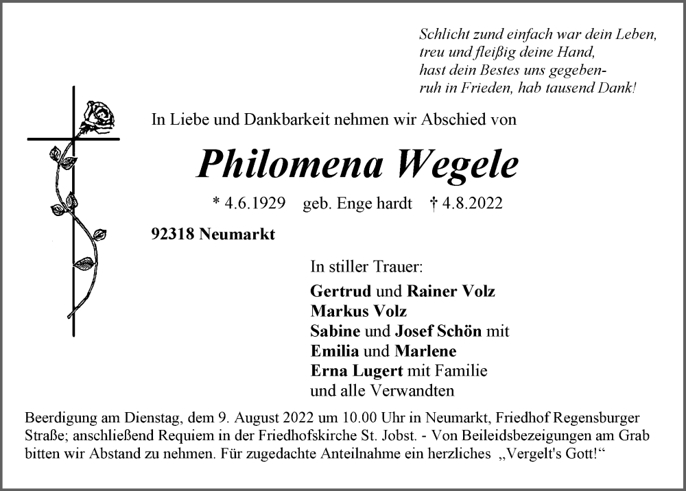  Traueranzeige für Philomena Wegele vom 06.08.2022 aus Neumarkter Nachrichten Lokal