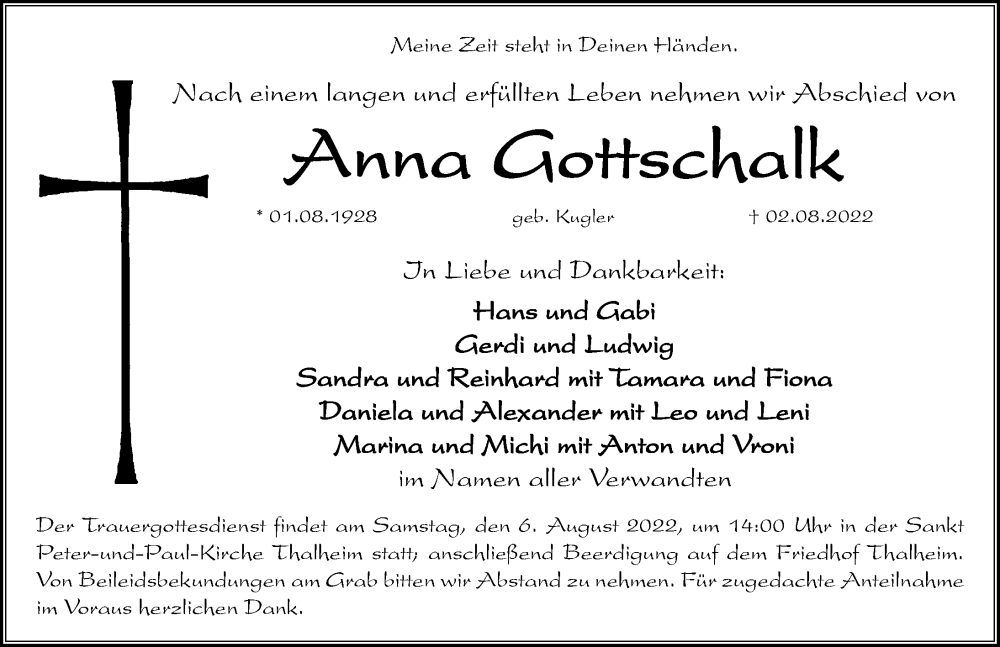  Traueranzeige für Anna Gottschalk vom 05.08.2022 aus Hersbrucker Zeitung Lokal