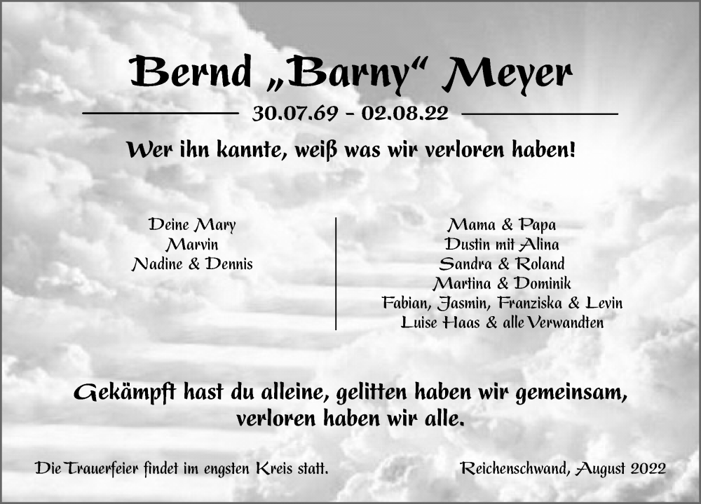  Traueranzeige für Bernd Meyer vom 06.08.2022 aus Hersbrucker Zeitung Lokal