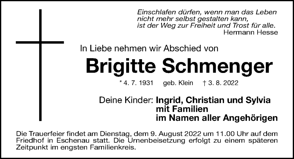  Traueranzeige für Brigitte Schmenger vom 06.08.2022 aus Gesamtausgabe Nürnberger Nachrichten/ Nürnberger Ztg.