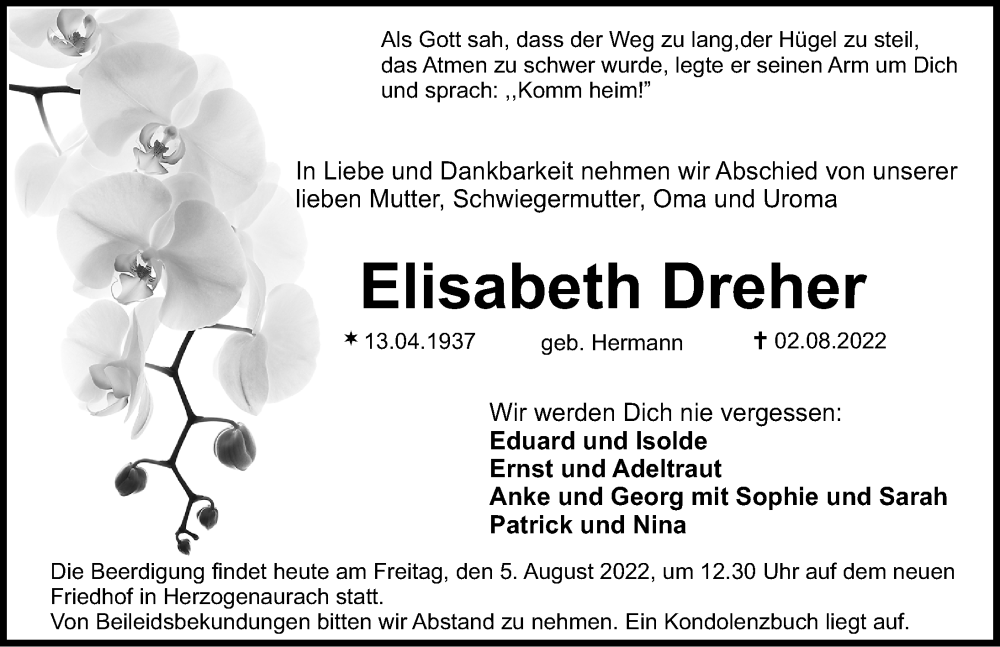  Traueranzeige für Elisabeth Dreher vom 05.08.2022 aus Nordbayerische Nachrichten Herzogenaurach Lokal