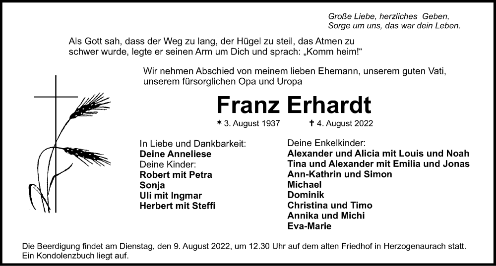  Traueranzeige für Franz Erhardt vom 06.08.2022 aus Nordbayerische Nachrichten Herzogenaurach Lokal