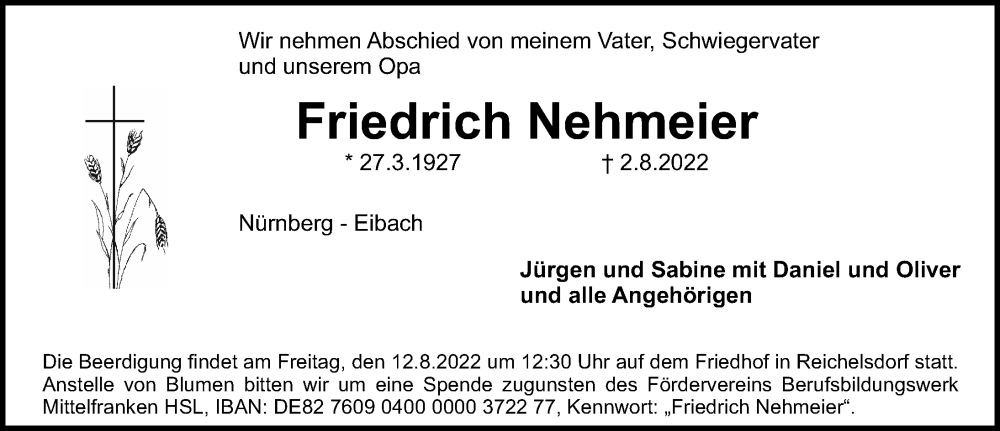  Traueranzeige für Friedrich Nehmeier vom 06.08.2022 aus Gesamtausgabe Nürnberger Nachrichten/ Nürnberger Ztg.