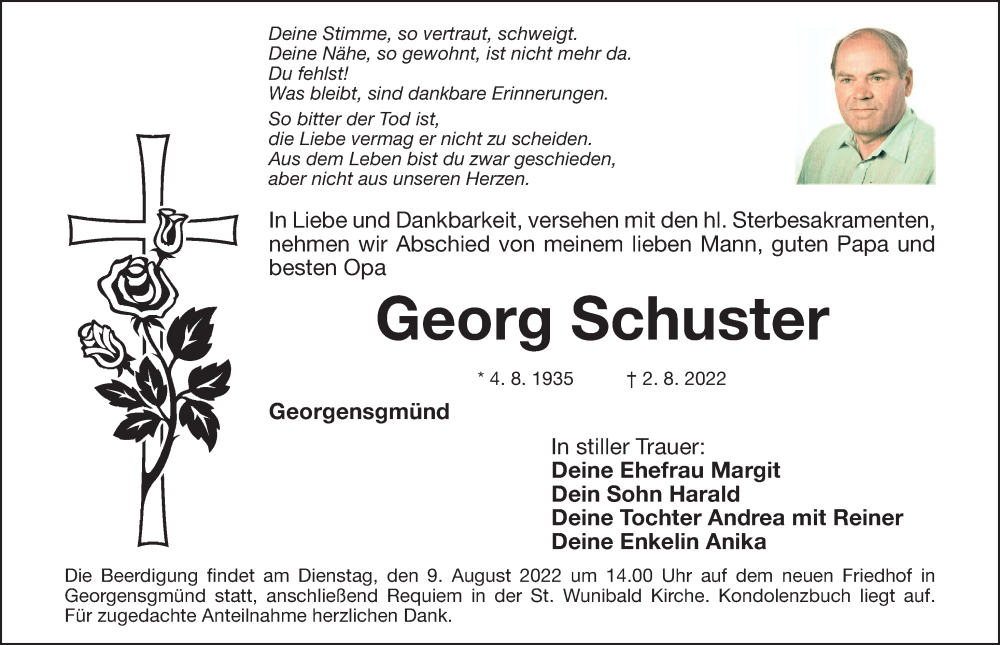  Traueranzeige für Georg Schuster vom 06.08.2022 aus Roth-Hilpoltsteiner Volkszeitung Lokal