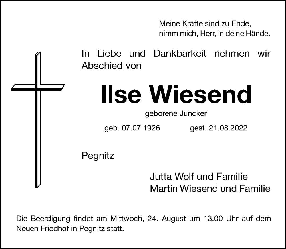  Traueranzeige für Ilse Wiesend vom 23.08.2022 aus Gesamtausgabe Nürnberger Nachrichten/ Nürnberger Ztg.
