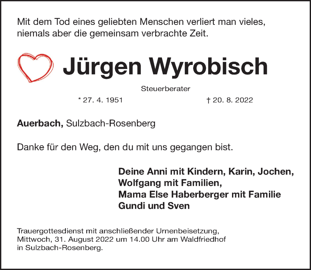  Traueranzeige für Jürgen Wyrobisch vom 27.08.2022 aus Nordbayerische Nachrichten Pegnitz Lokal