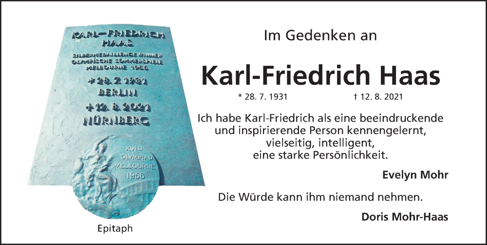  Traueranzeige für Karl-Friedrich Haas vom 13.08.2022 aus Gesamtausgabe Nürnberger Nachrichten/ Nürnberger Ztg.
