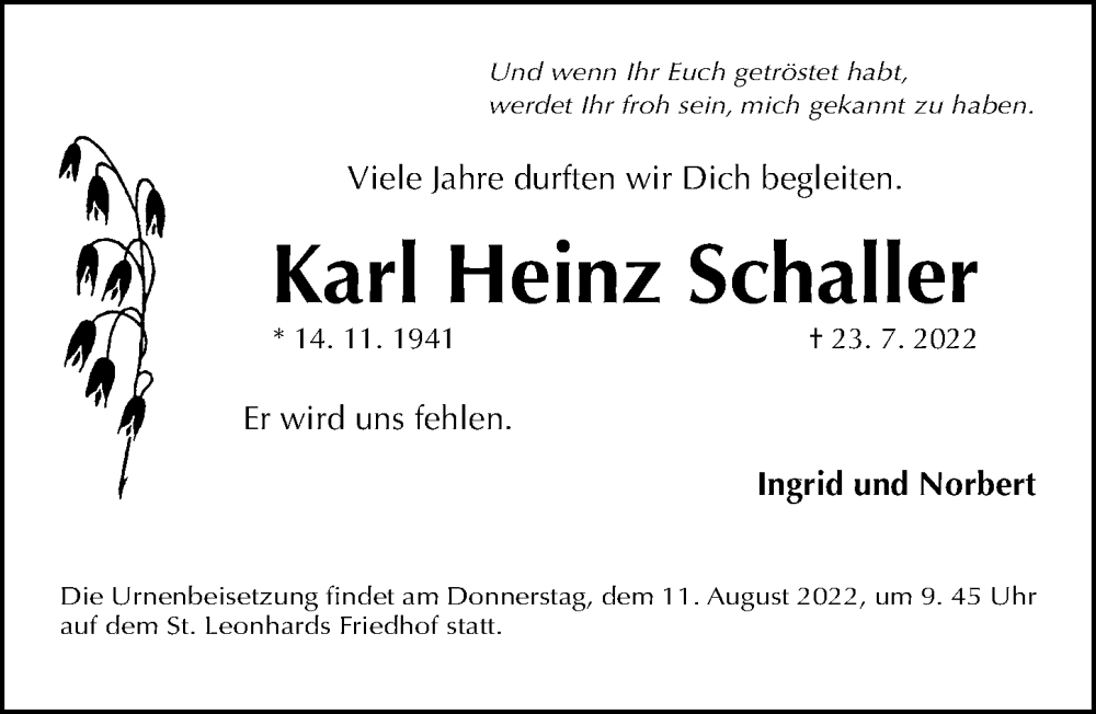 Traueranzeige für Karl Heinz Schaller vom 10.08.2022 aus Gesamtausgabe Nürnberger Nachrichten/ Nürnberger Ztg.