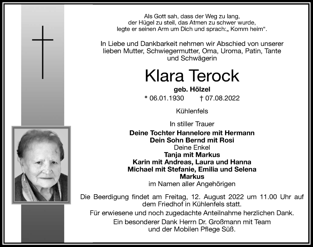  Traueranzeige für Klara Terock vom 10.08.2022 aus Nordbayerische Nachrichten Pegnitz Lokal