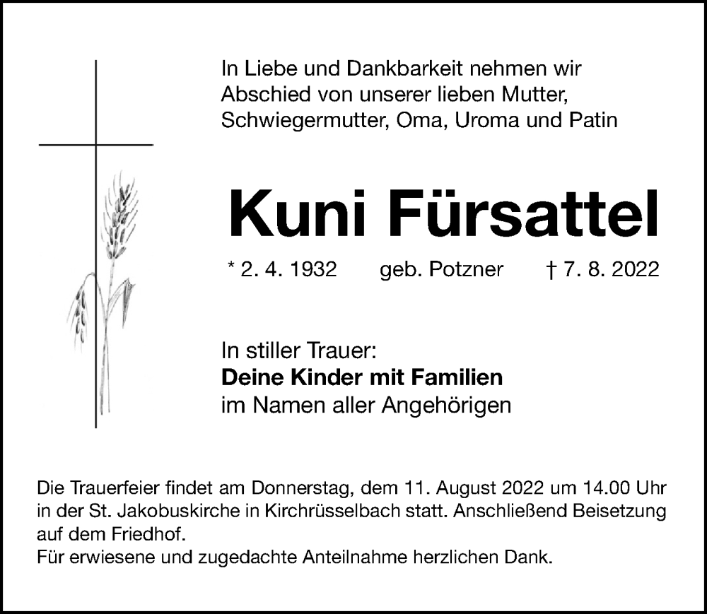  Traueranzeige für Kuni Fürsattel vom 10.08.2022 aus Gesamtausgabe Nürnberger Nachrichten/ Nürnberger Ztg.