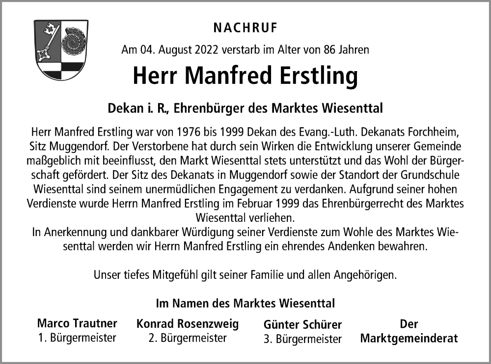  Traueranzeige für Manfred Erstling vom 09.08.2022 aus Nordbayerische Nachrichten Forchheim Lokal