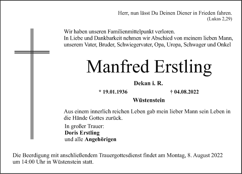  Traueranzeige für Manfred Erstling vom 06.08.2022 aus Nordbayerische Nachrichten Forchheim Lokal