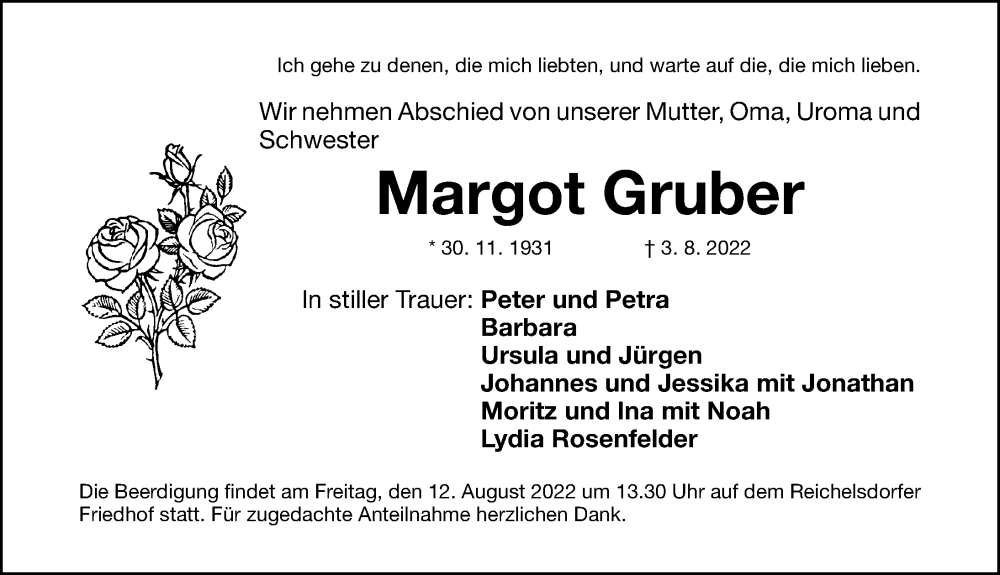  Traueranzeige für Margot Gruber vom 06.08.2022 aus Gesamtausgabe Nürnberger Nachrichten/ Nürnberger Ztg.