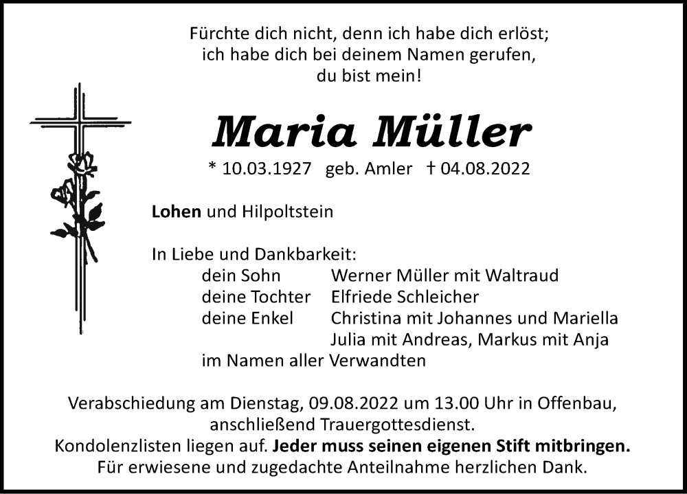  Traueranzeige für Maria Müller vom 06.08.2022 aus Roth-Hilpoltsteiner Volkszeitung Lokal