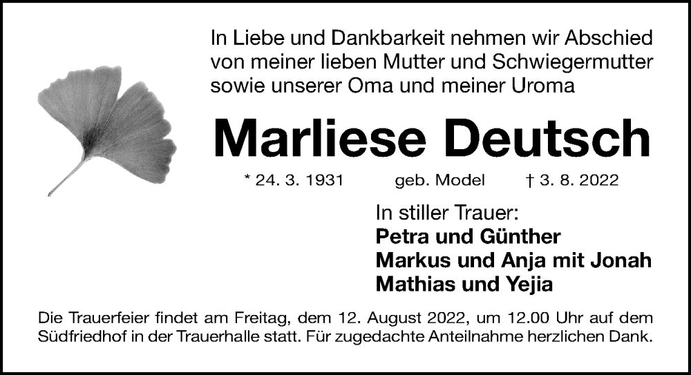  Traueranzeige für Marliese Deutsch vom 06.08.2022 aus Gesamtausgabe Nürnberger Nachrichten/ Nürnberger Ztg.