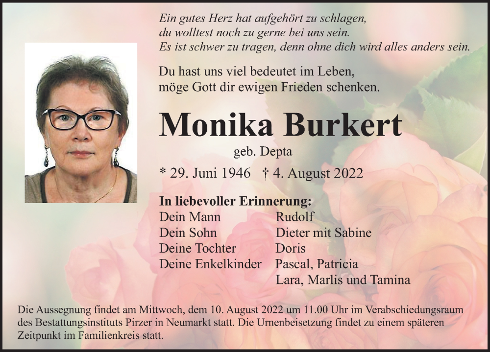  Traueranzeige für Monika Burkert vom 06.08.2022 aus Neumarkter Nachrichten Lokal