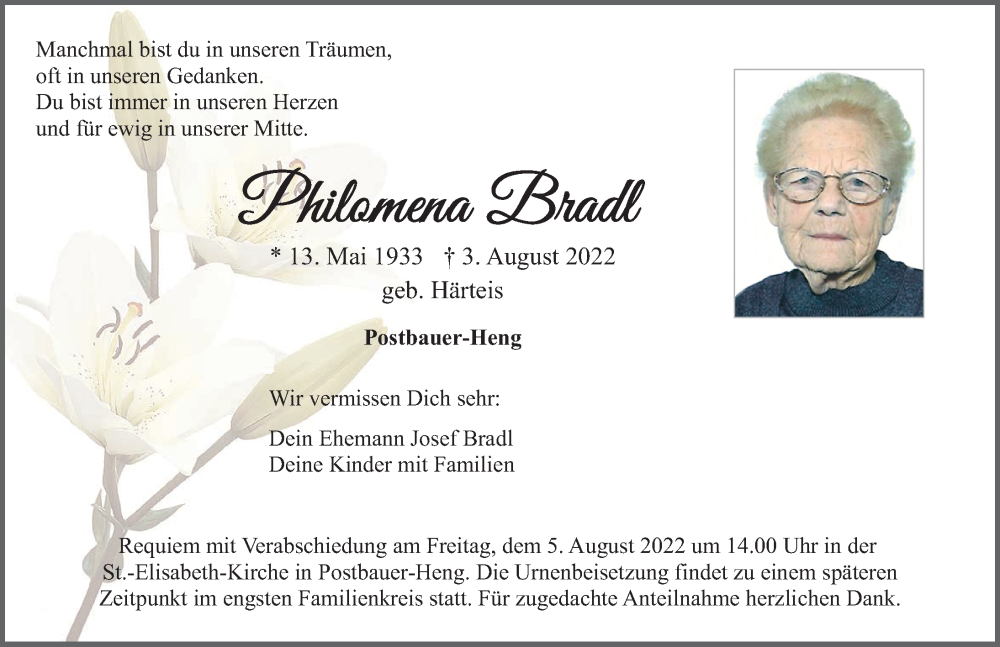 Traueranzeige für Philomena Brandl vom 05.08.2022 aus Neumarkter Nachrichten Lokal