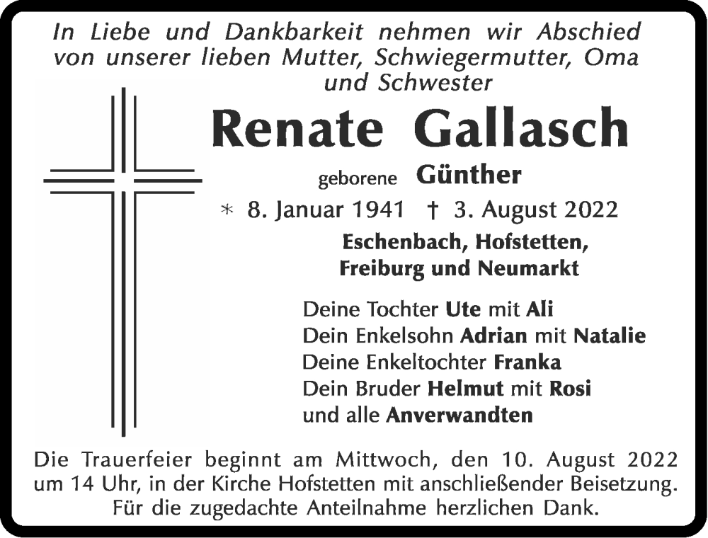  Traueranzeige für Renate Gallasch vom 06.08.2022 aus Roth-Hilpoltsteiner Volkszeitung Lokal
