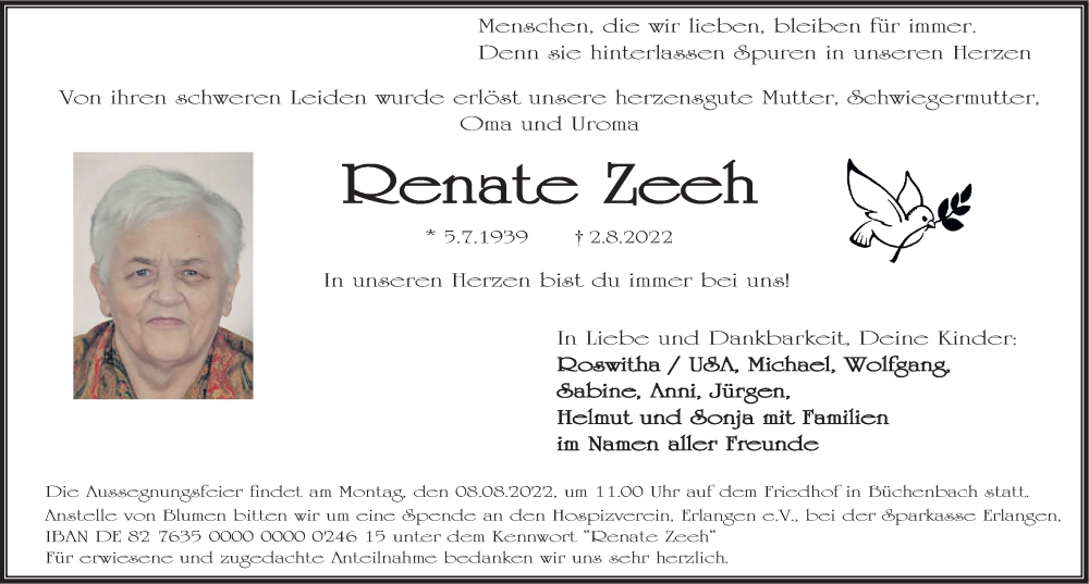  Traueranzeige für Renate Zeeh vom 06.08.2022 aus Erlanger Nachrichten Lokal