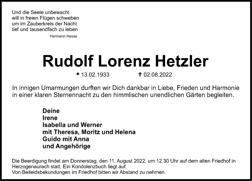  Traueranzeige für Rudolf Lorenz Hetzler vom 06.08.2022 aus Erlanger Nachrichten Lokal
