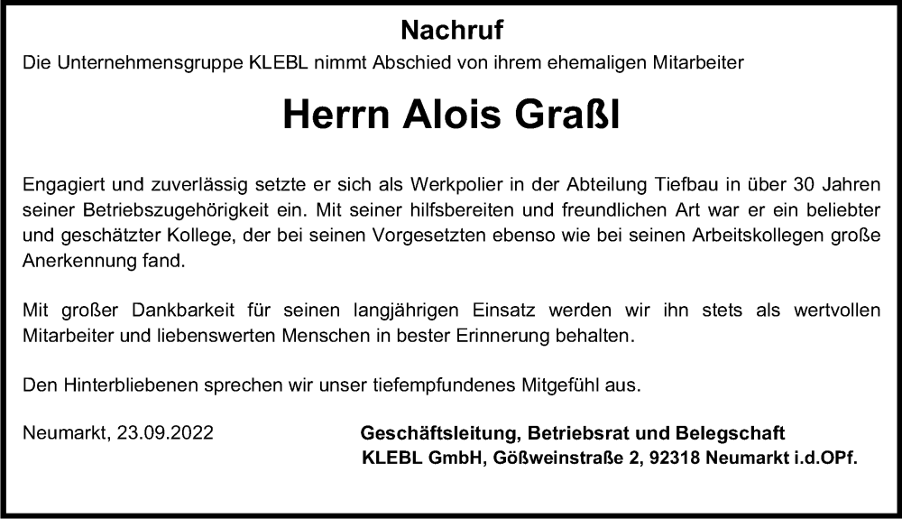  Traueranzeige für Alois Graßl vom 23.09.2022 aus Neumarkter Nachrichten Lokal