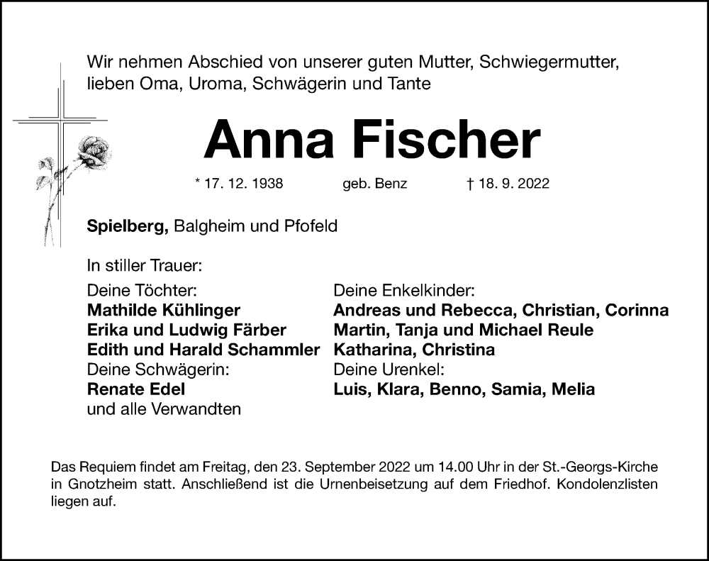  Traueranzeige für Anna Fischer vom 22.09.2022 aus Altmühl-Bote Lokal