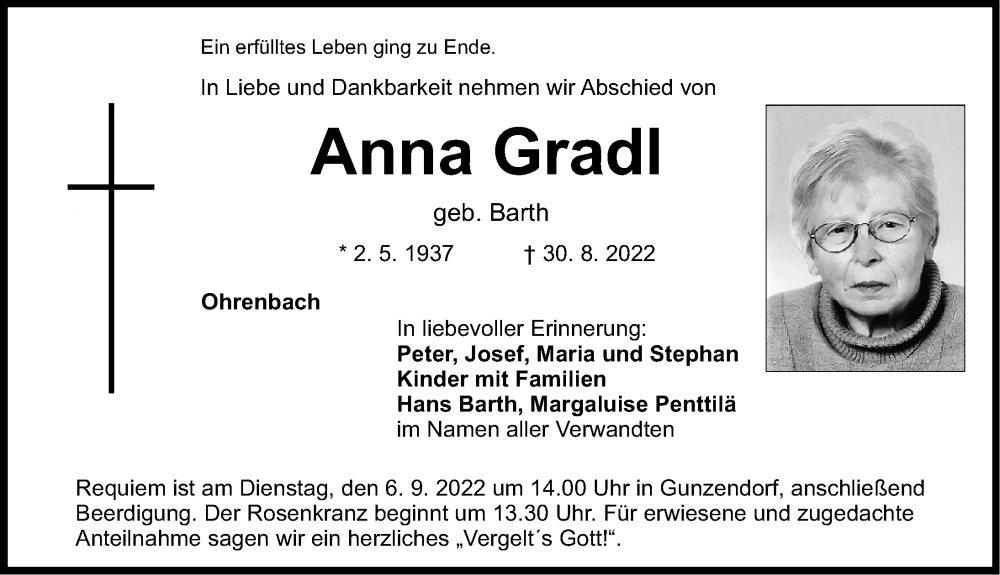  Traueranzeige für Anna Gradl vom 02.09.2022 aus Nordbayerische Nachrichten Pegnitz Lokal