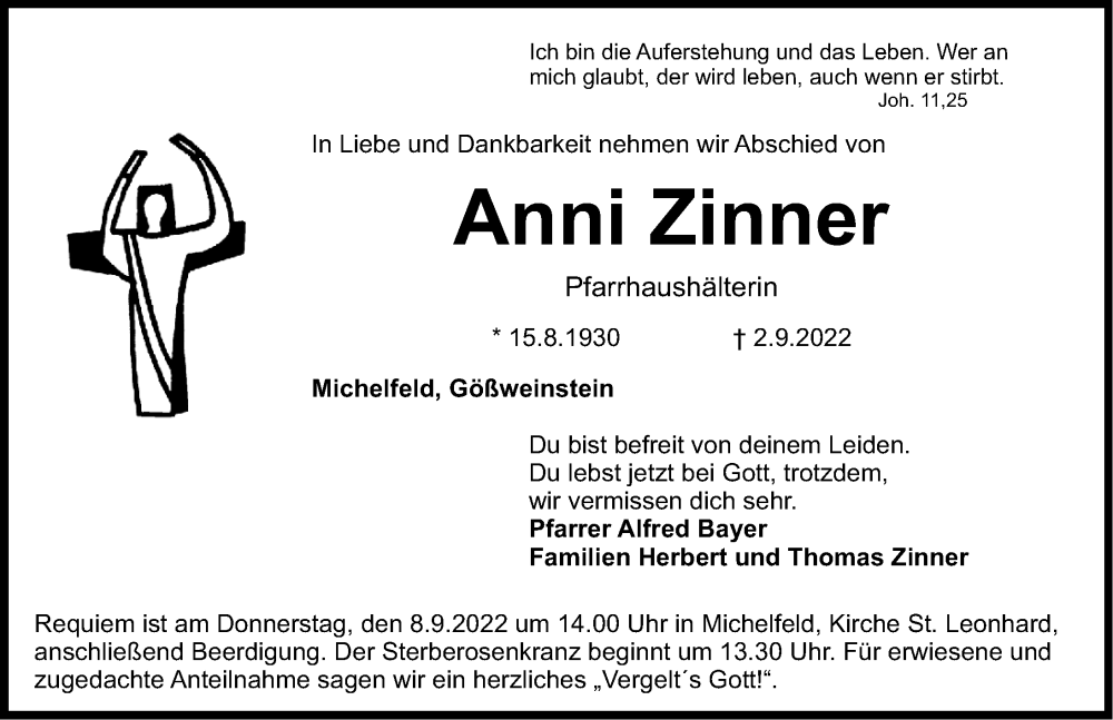  Traueranzeige für Anni Zinner vom 06.09.2022 aus Nordbayer. Nachrichten Pegnitz/ Nordbayer. Nachrichten Forchheim