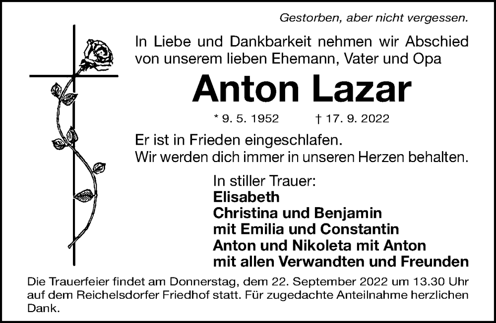 Traueranzeige für Anton Lazar vom 21.09.2022 aus Gesamtausgabe Nürnberger Nachrichten/ Nürnberger Ztg.