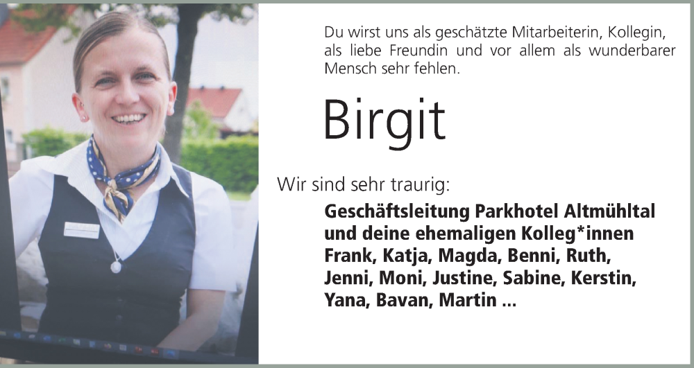  Traueranzeige für Birgit  vom 22.09.2022 aus Altmühl-Bote Lokal