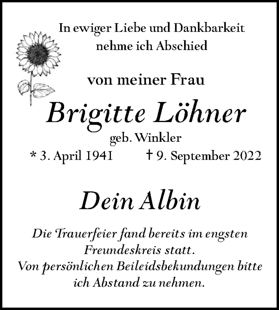  Traueranzeige für Brigitte Löhner vom 23.09.2022 aus Gesamtausgabe Nürnberger Nachrichten/ Nürnberger Ztg.