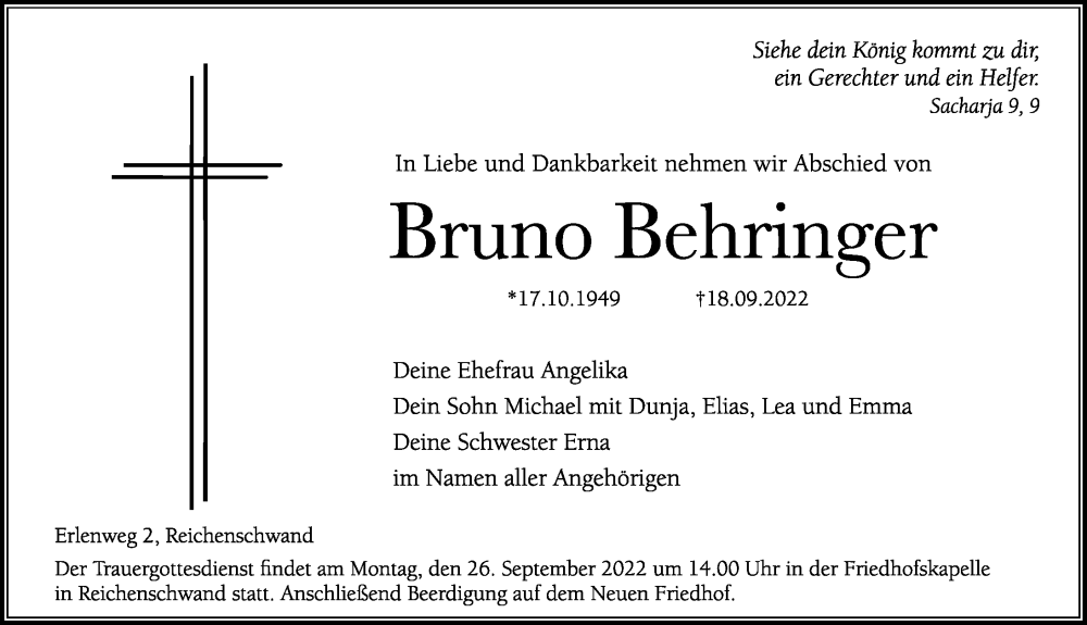  Traueranzeige für Bruno Behringer vom 21.09.2022 aus Hersbrucker Zeitung Lokal