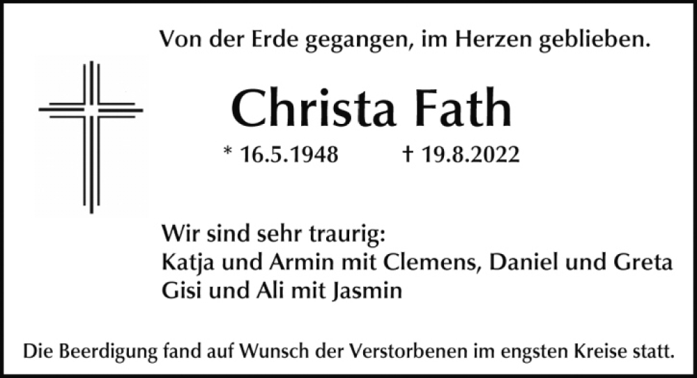  Traueranzeige für Christa Fath vom 24.09.2022 aus Gesamtausgabe Nürnberger Nachrichten/ Nürnberger Ztg.