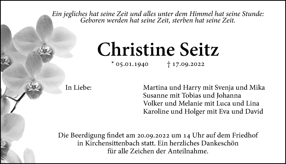  Traueranzeige für Christine Seitz vom 20.09.2022 aus Hersbrucker Zeitung Lokal