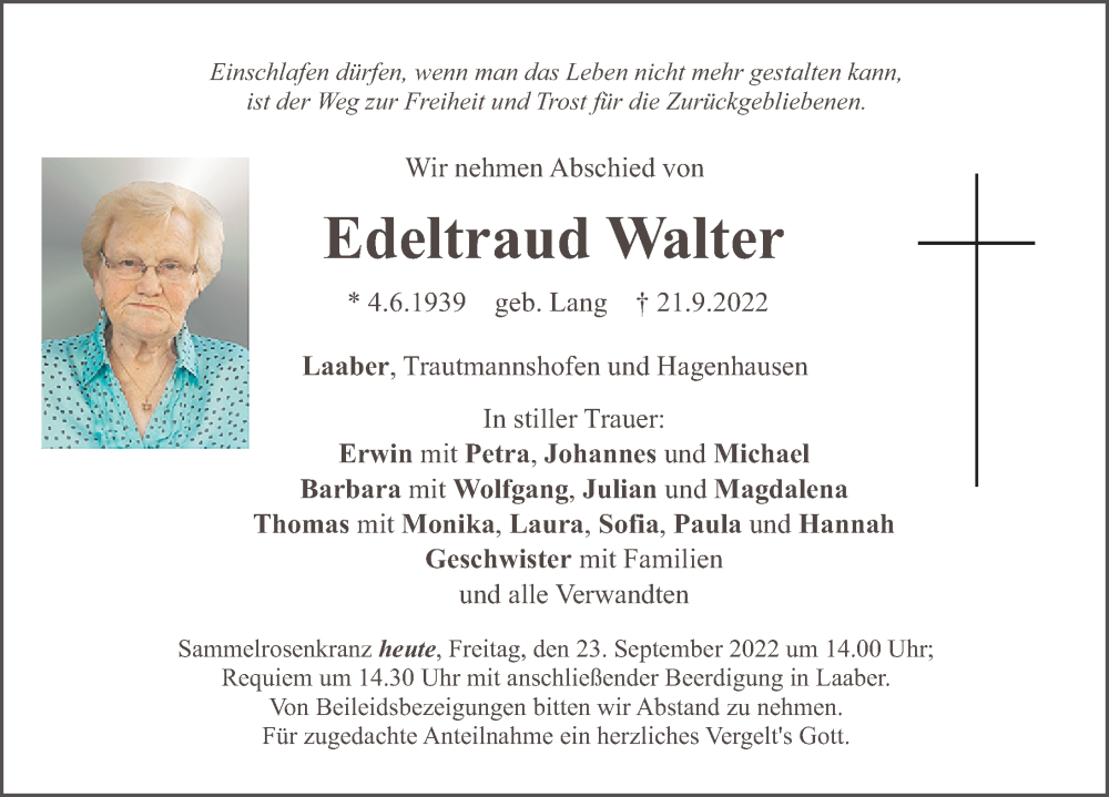  Traueranzeige für Edeltraud Walter vom 23.09.2022 aus Neumarkter Nachrichten Lokal