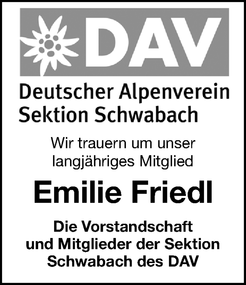  Traueranzeige für Emilie Friedl vom 29.09.2022 aus Schwabacher Tagblatt Lokal