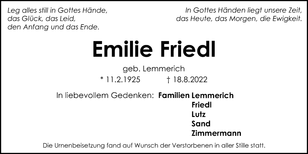  Traueranzeige für Emilie Friedl vom 27.09.2022 aus Schwabacher Tagblatt Lokal