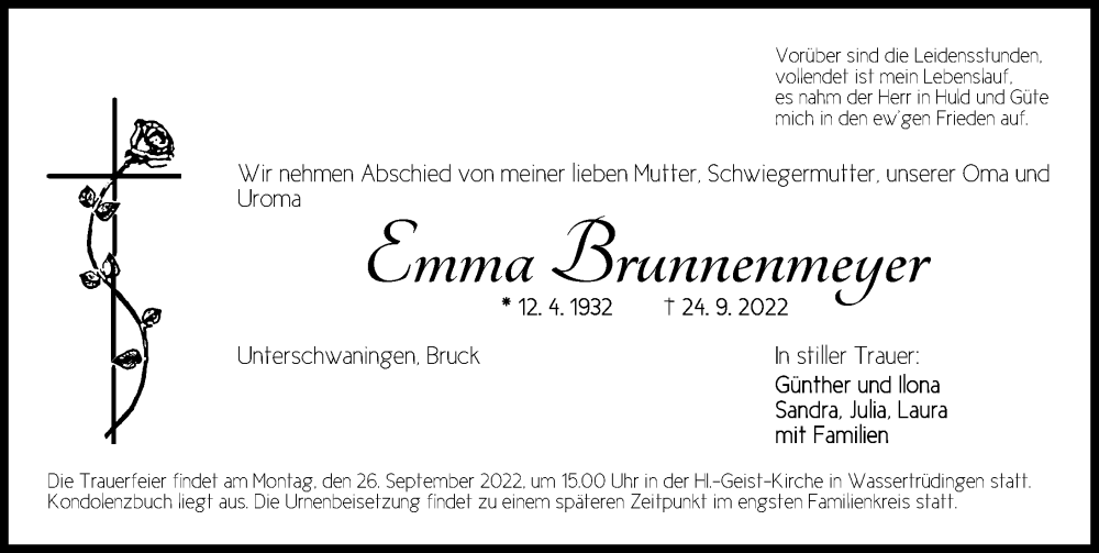  Traueranzeige für Emma Brunnenmeyer vom 26.09.2022 aus Altmühl-Bote Lokal