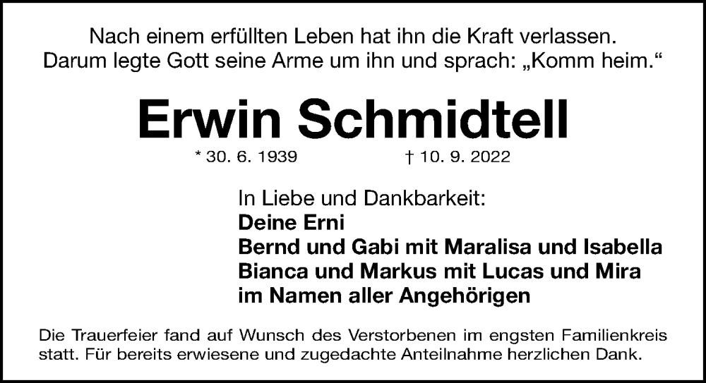  Traueranzeige für Erwin Schmidtell vom 24.09.2022 aus Gesamtausgabe Nürnberger Nachrichten/ Nürnberger Ztg.