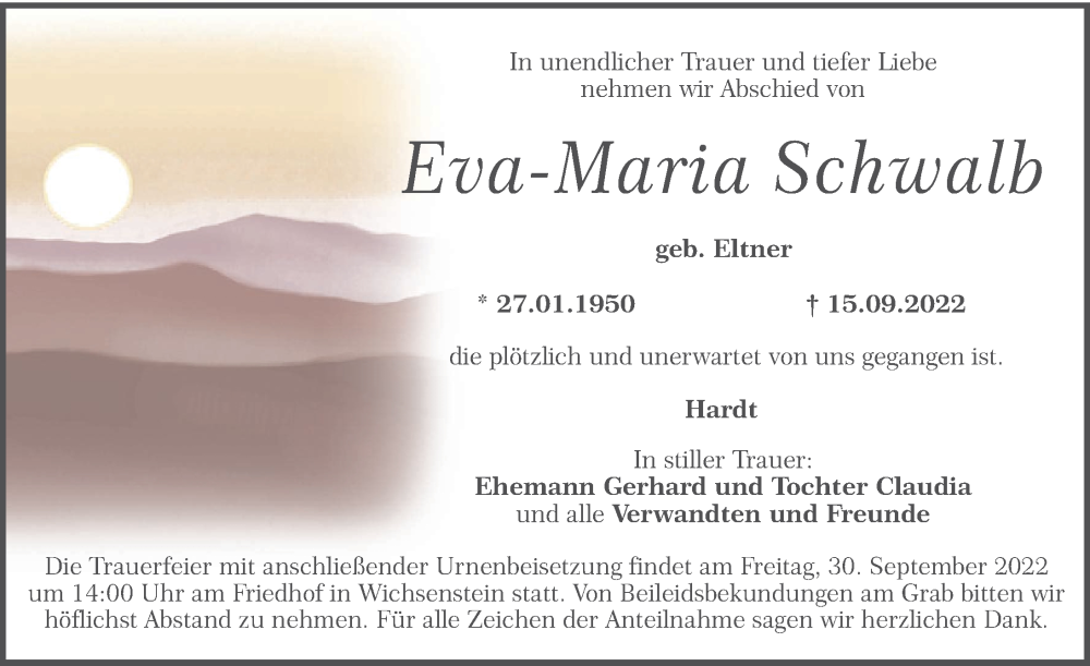  Traueranzeige für Eva-Maria Schwalb vom 27.09.2022 aus Nordbayerische Nachrichten Forchheim Lokal
