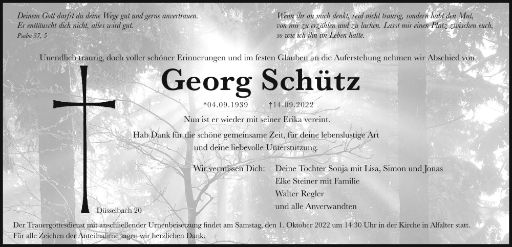  Traueranzeige für Georg Schütz vom 24.09.2022 aus Hersbrucker Zeitung Lokal