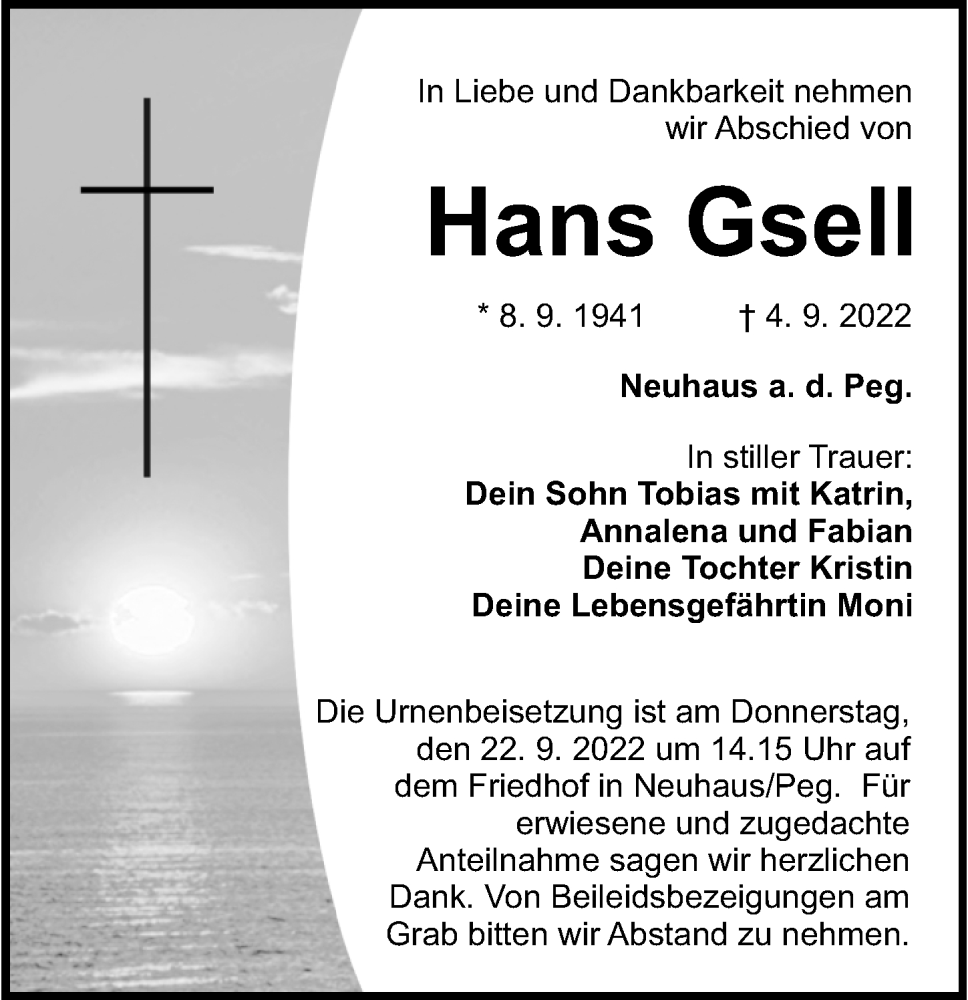  Traueranzeige für Hans Gsell vom 14.09.2022 aus Hersbrucker Zeitung Lokal
