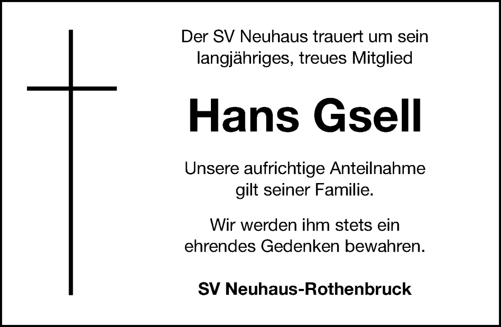  Traueranzeige für Hans Gsell vom 15.09.2022 aus Nordbayerische Nachrichten Pegnitz Lokal