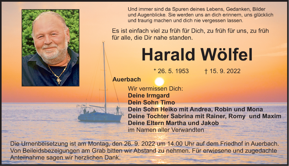  Traueranzeige für Harald Wölfel vom 21.09.2022 aus Nordbayerische Nachrichten Pegnitz Lokal