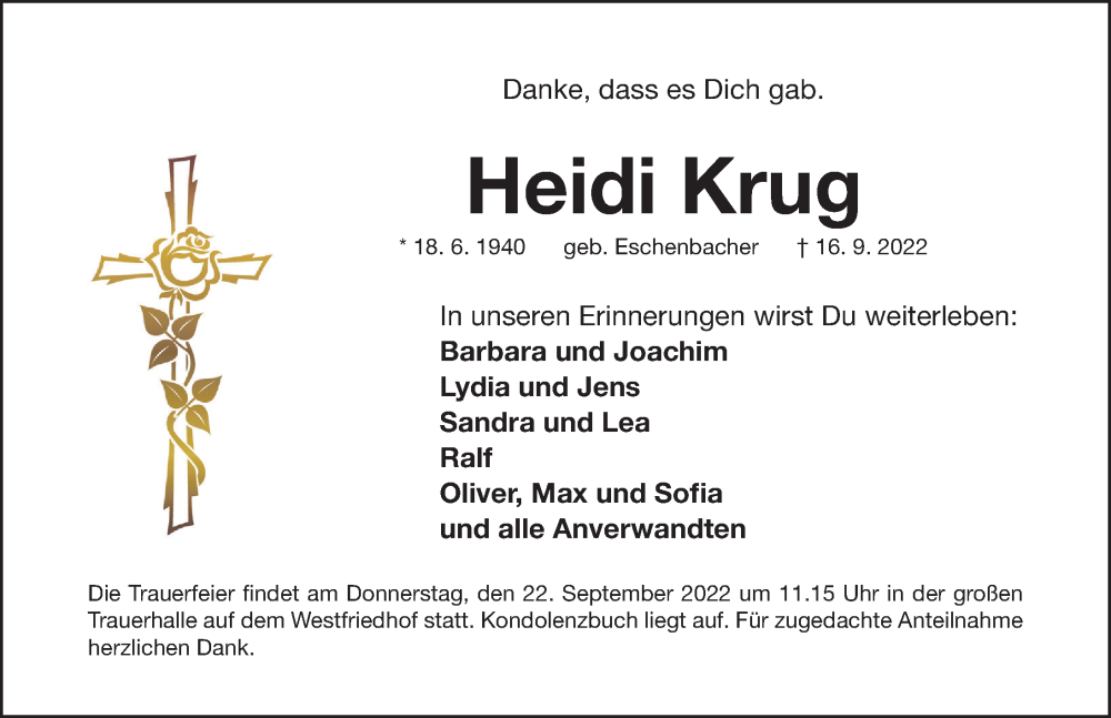  Traueranzeige für Heidi Krug vom 19.09.2022 aus Gesamtausgabe Nürnberger Nachrichten/ Nürnberger Ztg.