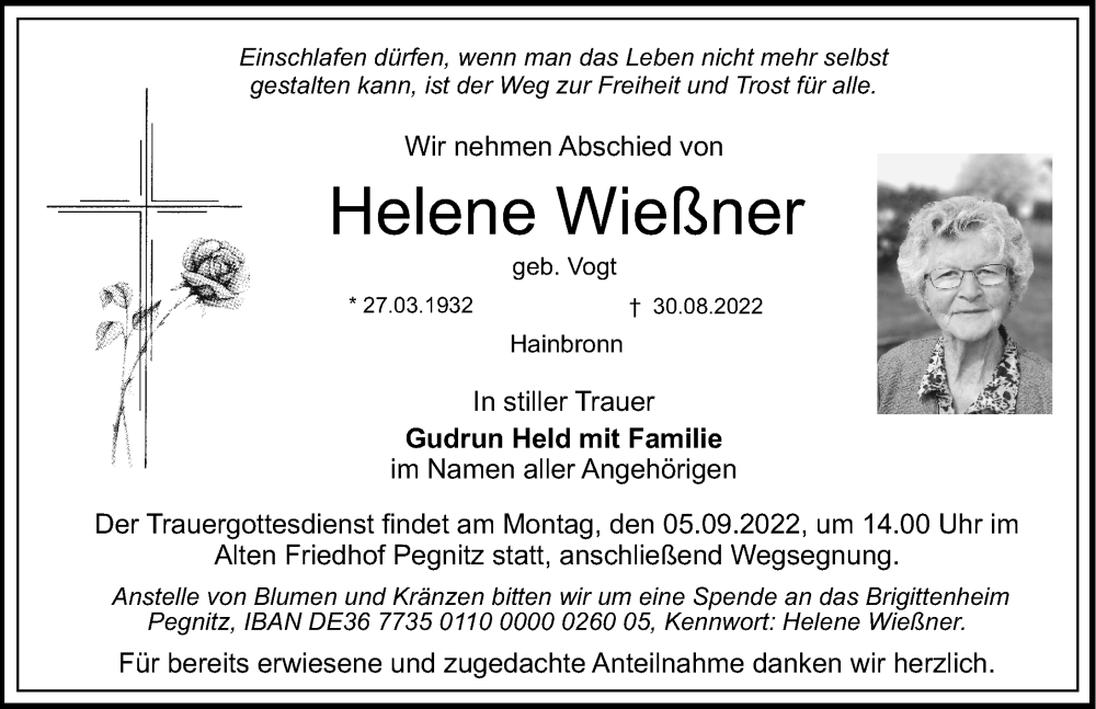  Traueranzeige für Helene Wießner vom 02.09.2022 aus Nordbayerische Nachrichten Pegnitz Lokal