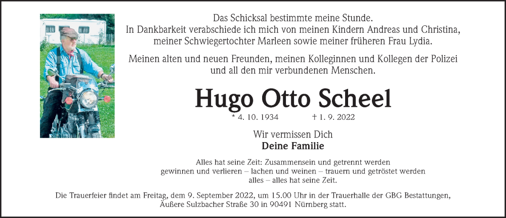 Traueranzeige für Hugo Otto Scheel  vom 07.09.2022 aus Gesamtausgabe Nürnberger Nachrichten/ Nürnberger Ztg.