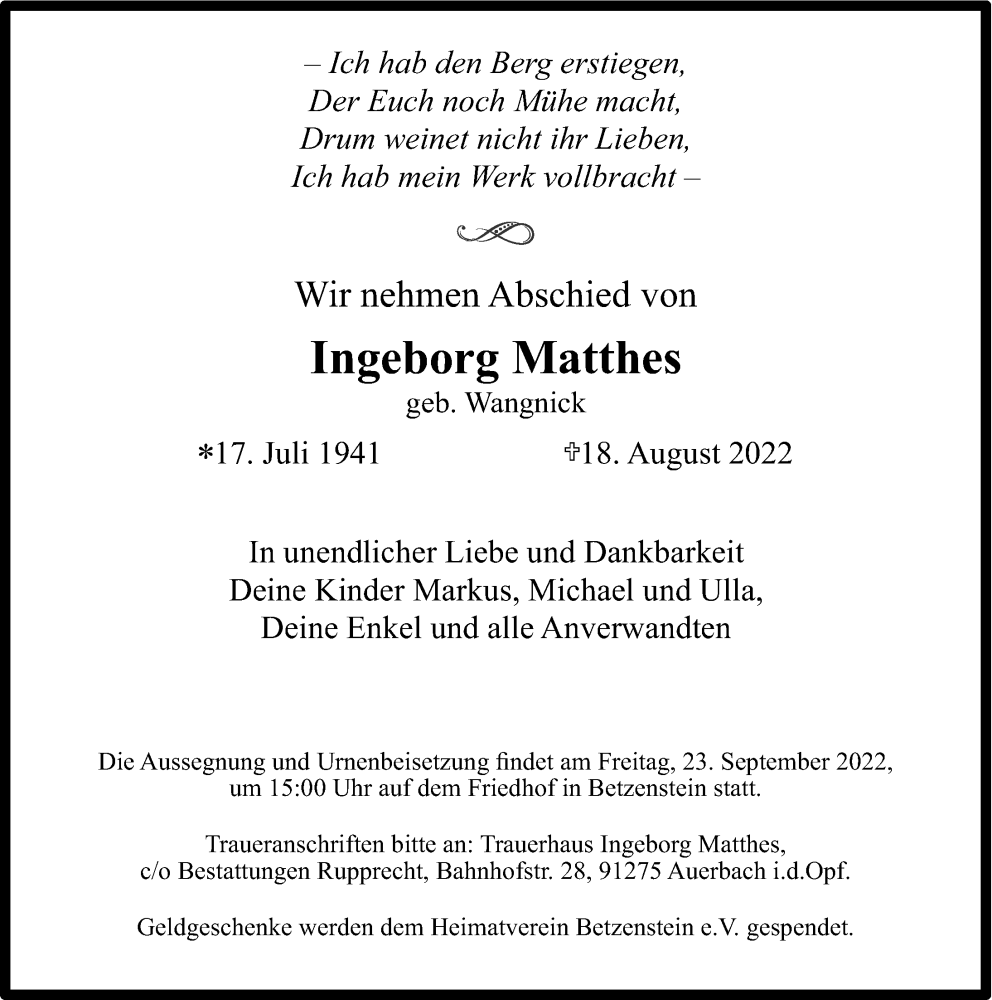  Traueranzeige für Ingeborg Matthes vom 03.09.2022 aus Nordbayer. Nachrichten Forchheim/ Nordbayer. Nachrichten Pegnitz
