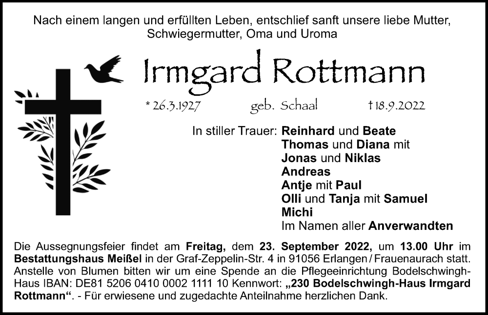  Traueranzeige für Irmgard Rottmann vom 21.09.2022 aus Erlanger Nachrichten Lokal
